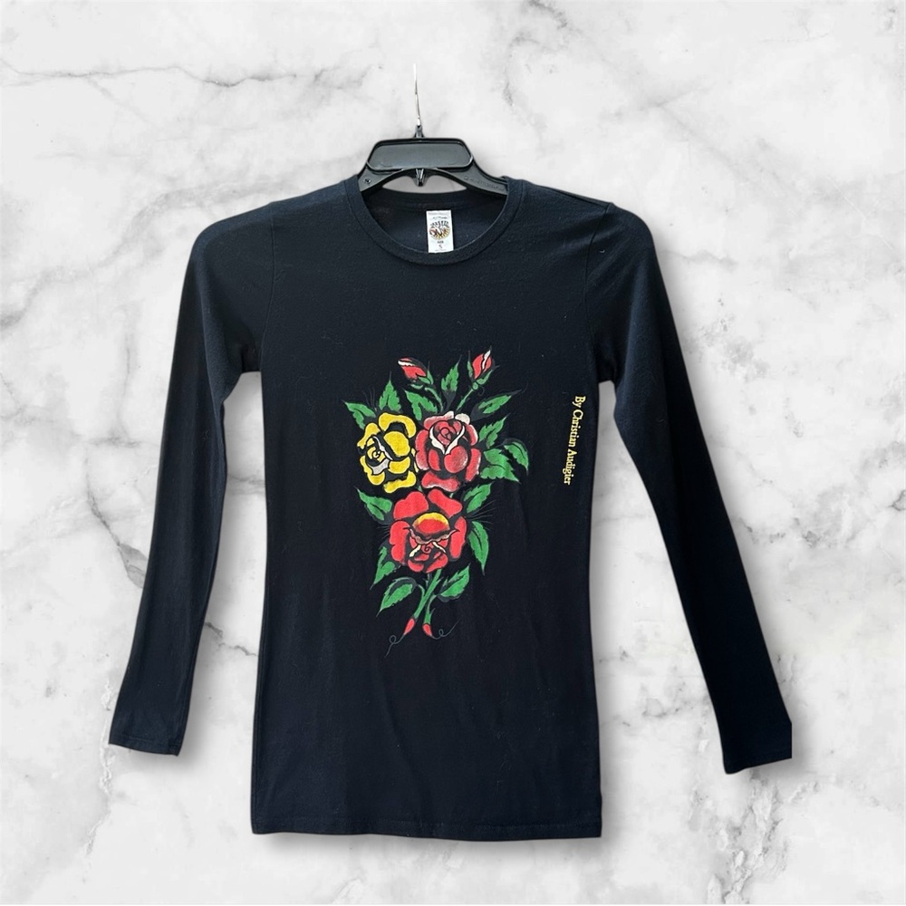 Ed Hardy by Christian Audigier Long Sleeve Rose Bouquet Tattoo Graphic Tee Sz S